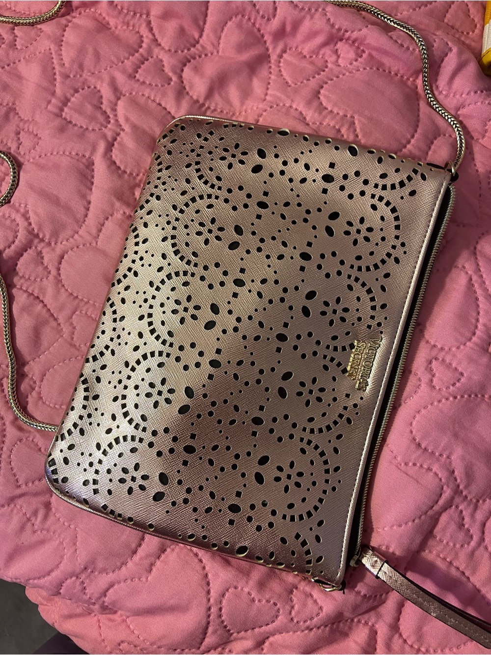 Victoria Secret Metallic Rose Gold Laser-Cut Crossbody Bag